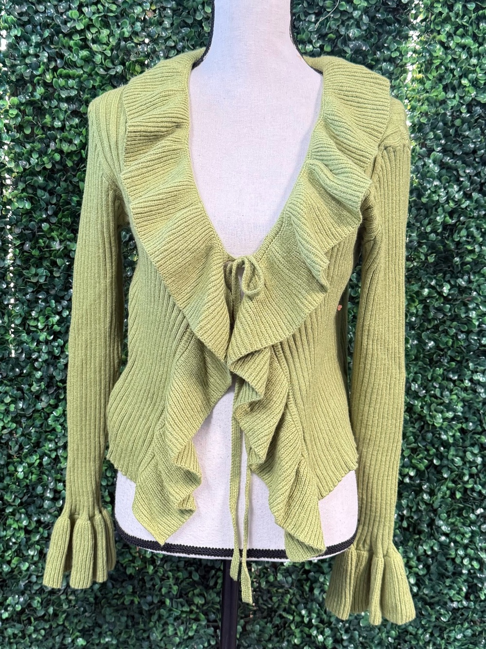 debut Olive Green Ruffle-Front Knit Cardigan